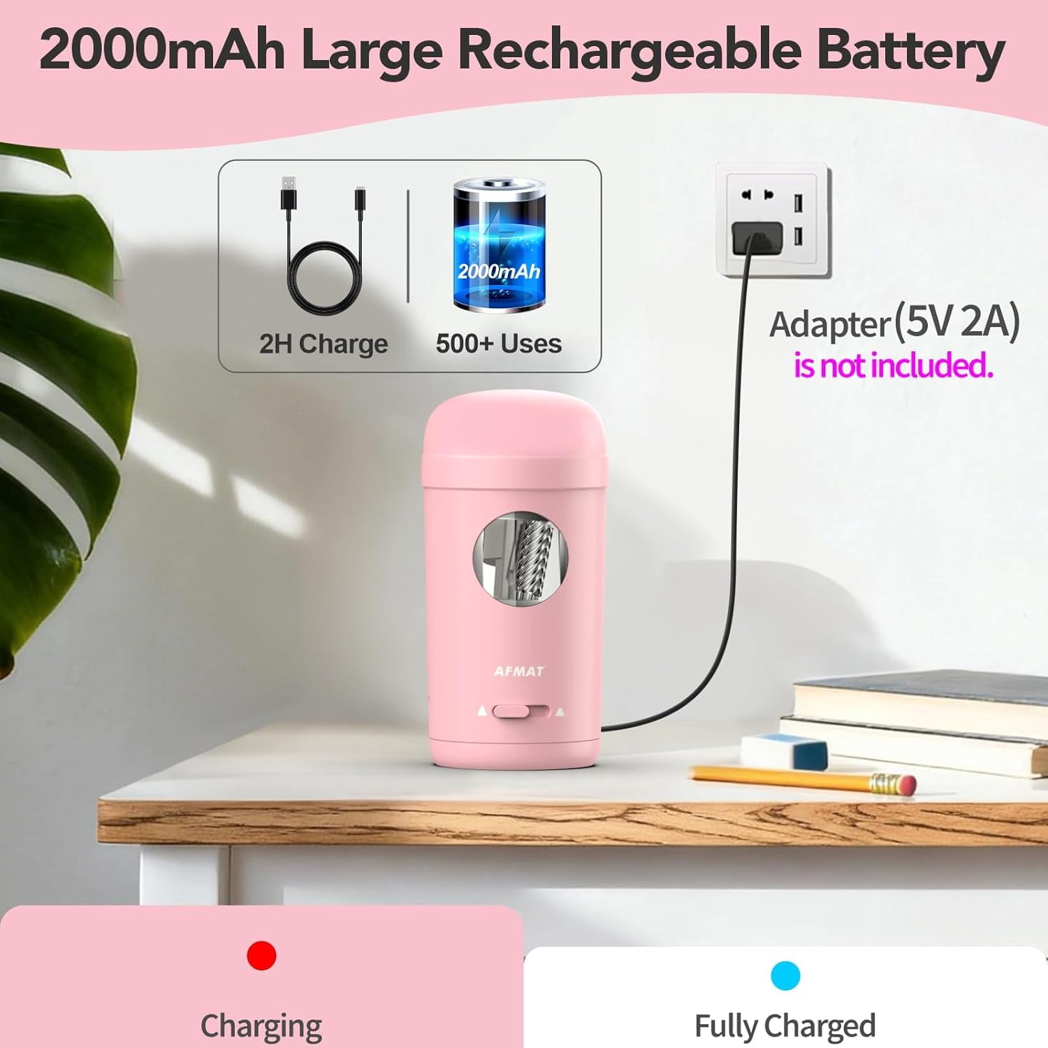 AFMAT Electric Pencil Sharpener, Fully Automatic Pencil Sharpener for 7-8mm Pencils & Colored Pencil, Auto in & Out, Rechargeable Vertical Hands-Free Sharpeners for Classroom/Home/Office,Pink