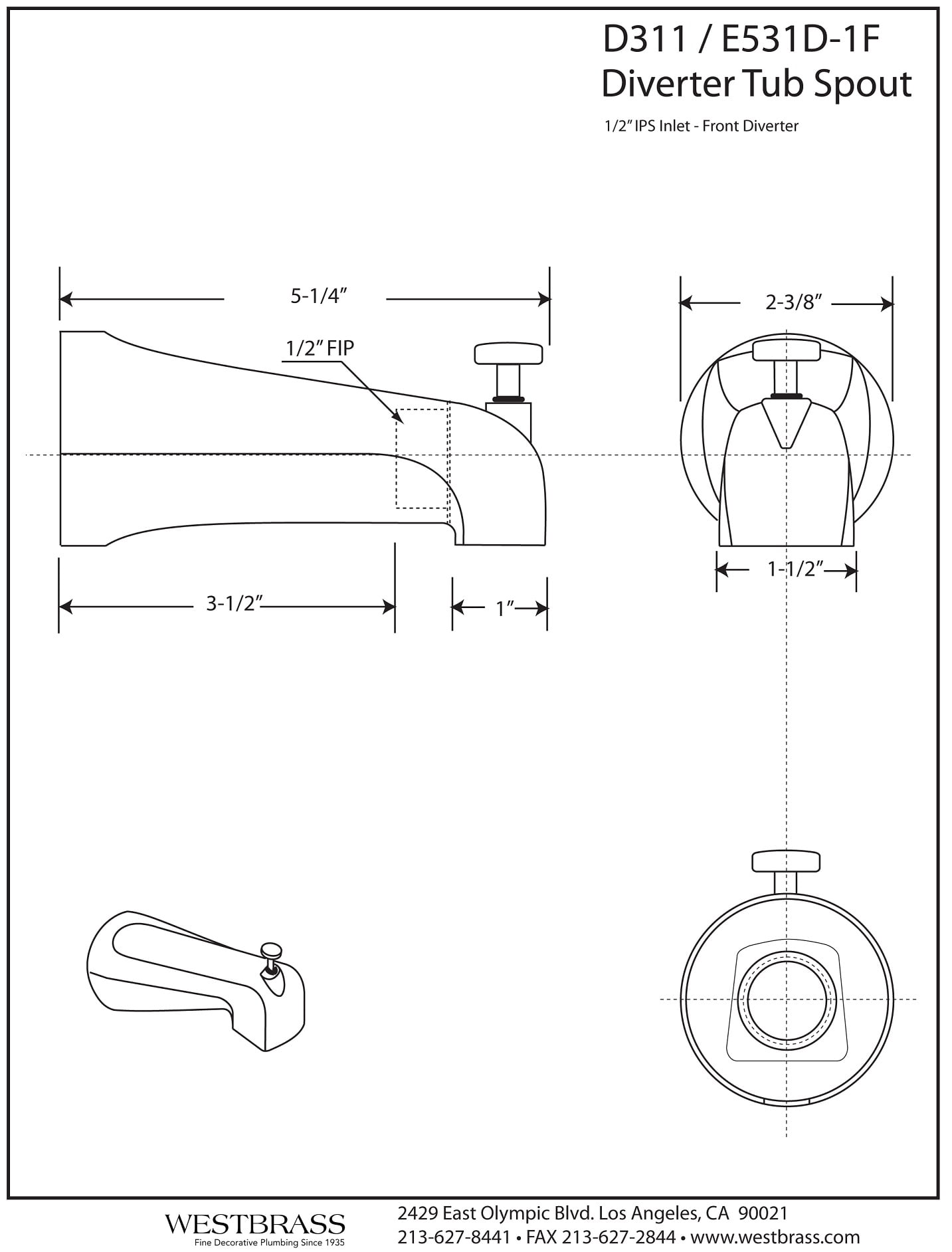 Westbrass E507D-1F-26 7 Reach Wall Mount Tub Spout with Diverter, Polished Chrome