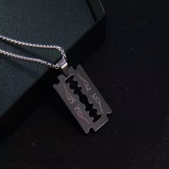 HOOUN MEN Stainless Steel Creative 3D Hollow Flame Razor Blade Pendant Necklace 0212-Black