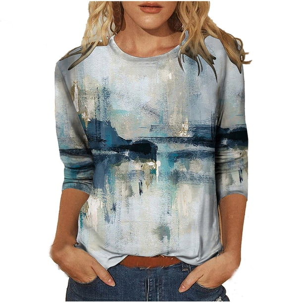Camiseta de manga larga con cuello redondo y estampado floral para mujer Pompotops FGAJ10052