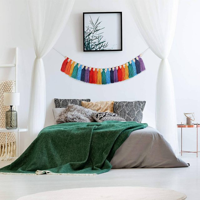 Boho Tassel Garland Banner colorido con cuentas de madera para el dormitorio A Afortunado Sencillez