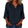 thumbnail image 4 of Bosfbaoi Linen Blouses for Women Notched V Neck 3/4 Batwing Sleeve Loose Casual Tunic Tops, 4 of 8