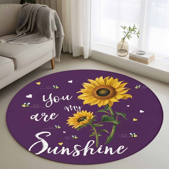 Purple Sunshine Sunflower Round Area Rug 3 FT, Small Kitchen Bathroom Mat, Pastoral Bees Farmhouse Floral Washable Indoor Outdoor Throw Runner Carpet Doormat for Table Shower Sofa Entryway