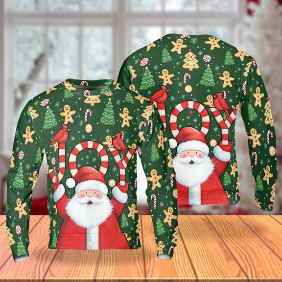 Santa JOY Christmas Sweatshirt, Festive Gingerbread Candy Cane Holiday Crewneck, Cute Green Christmas Pullover for Men Women