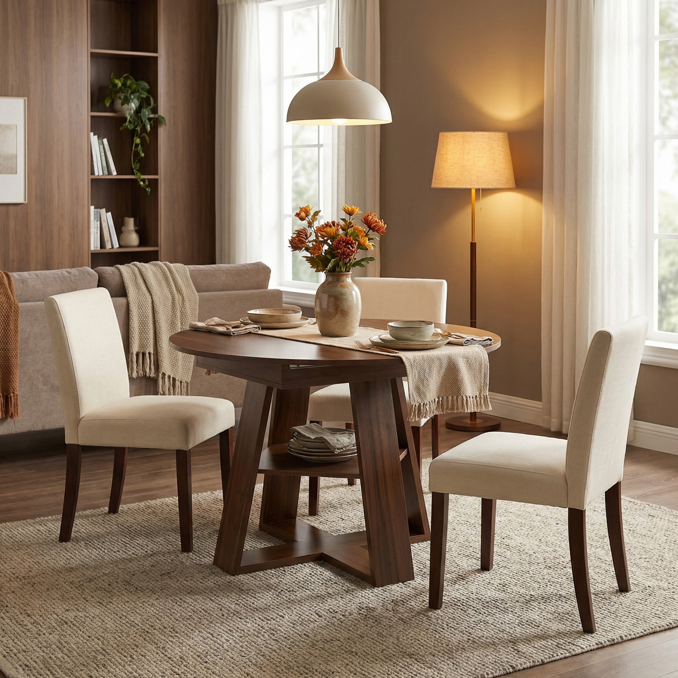 Noble House 43.3 - 59 Inch Extendable Round Dining Table with Storage Shelf, Walnut