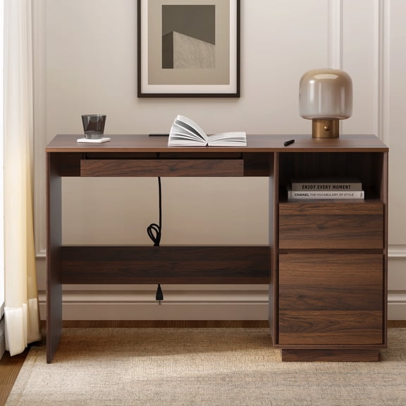 Joyyskill 47" Executive Desk with File Drawer, Farmhouse Computer Desk with Charging Station and Open Storage Compartment Wooden Home Office Desk, Brown