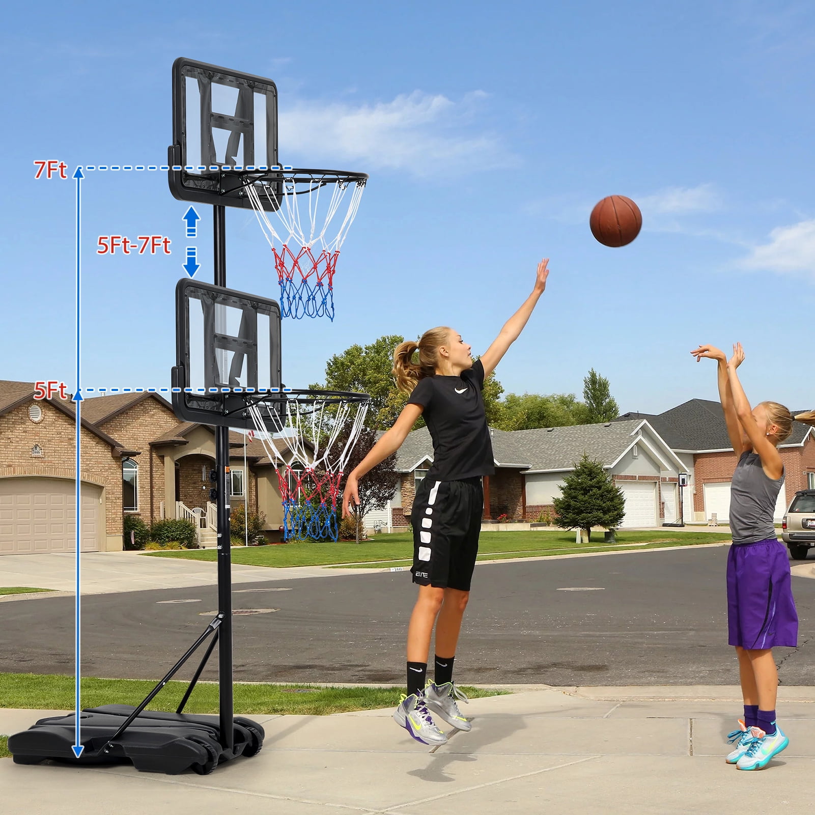 Portable Kids Basketball Hoop, Adjustable Height Indoor Outdoor Play Set with PVC Backboard & Steel Pole, Includes Basketball Pump for Boys Girls