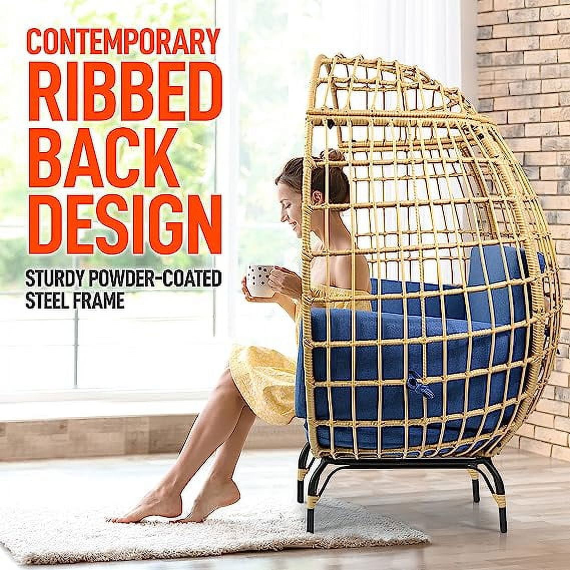 SereneLife Wicker Rattan Egg Chair, Indoor Outdoor Blue Sofa Chair for Patio Backyard & Living Room