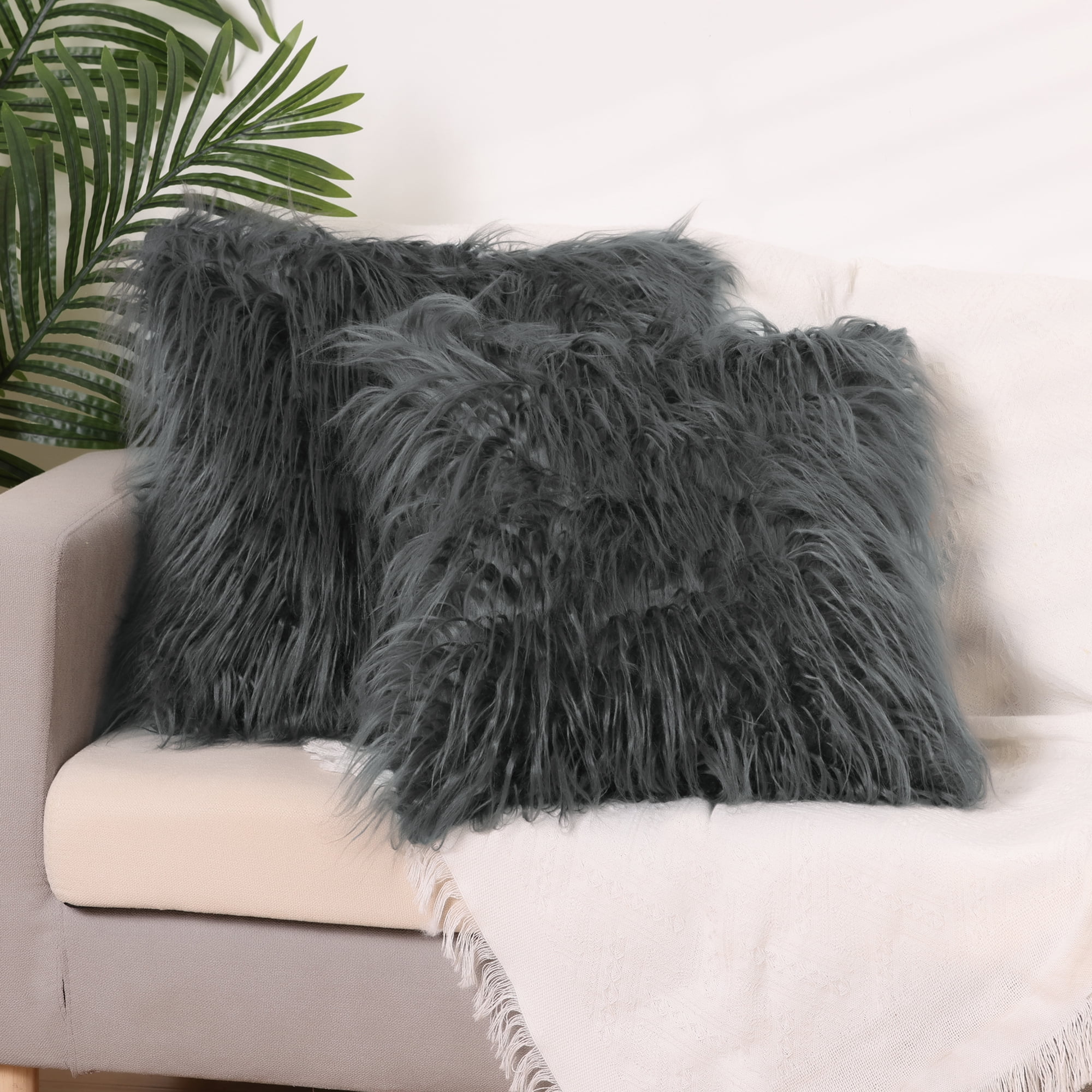 Unique Bargains Faux Fluffy Zipper Closure Cushion Covers Throw Pillow Covers (2 Count) Dark Gray 18" x 18"