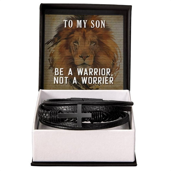To My Son Be a Warrior Not a Worrier Men's Cross Bracelet - Vegan Leather with Stainless Steel