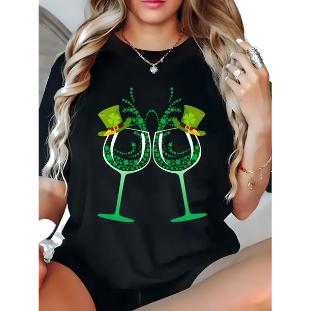 Camiseta floral del Día de San Patricio: 1 pieza. Estampado floral, mezcla de algodón, cuello redondo, manga corta, tejido de punto elástico, ideal para verano y tiempo libre.