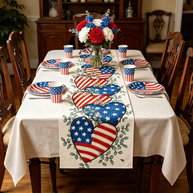 Independence Day Table Runner 250th Anniversary Polyester Decorative Tablecloth Multicolor Heart Print, 33x120cm or 33x183cm