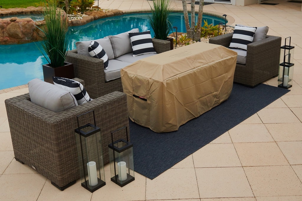 AKOYA Outdoor Essentials – 60" Rectangular Chat Height Outdoor Propane Gas Concrete Smokeless Fire Pit for Patio, Table with Glass Guard and Crystals in Gray (Amber)