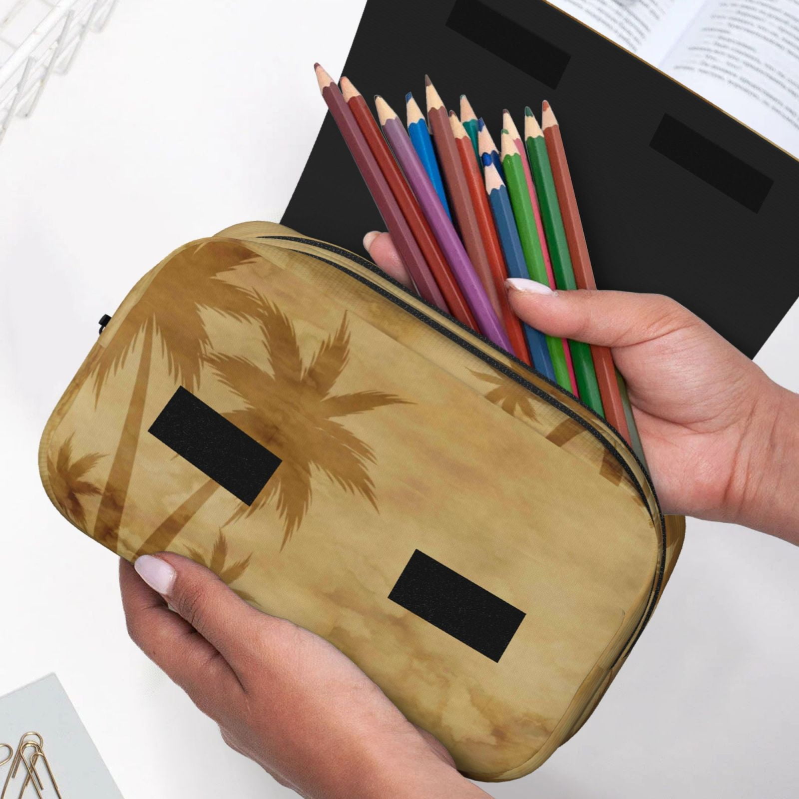 Rateoe Retro Palm Tree Pattern Double Clamshell Pen Case, Storage Organizer with Two Zipper Compartments– Holds Up to 50 Pencils & Pens