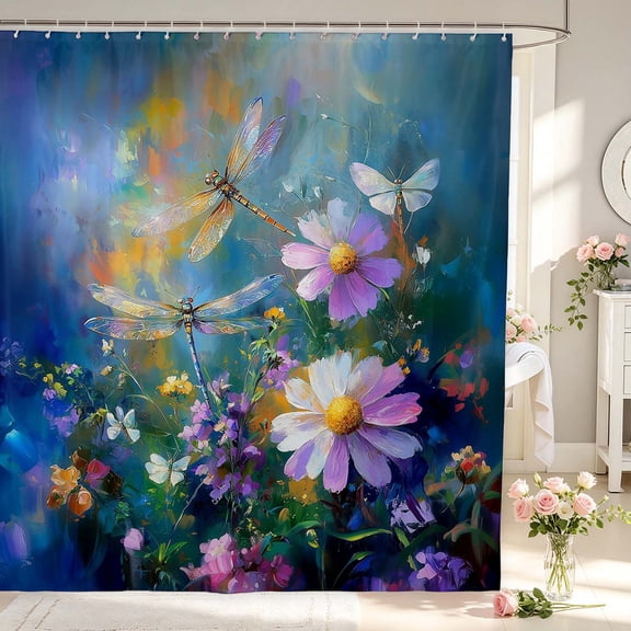Erosebridal Cute Dragonfly Shower Curtain 72Wx72L,Cartoon Watercolor Flower Bathroom Curtain,Blue Purple