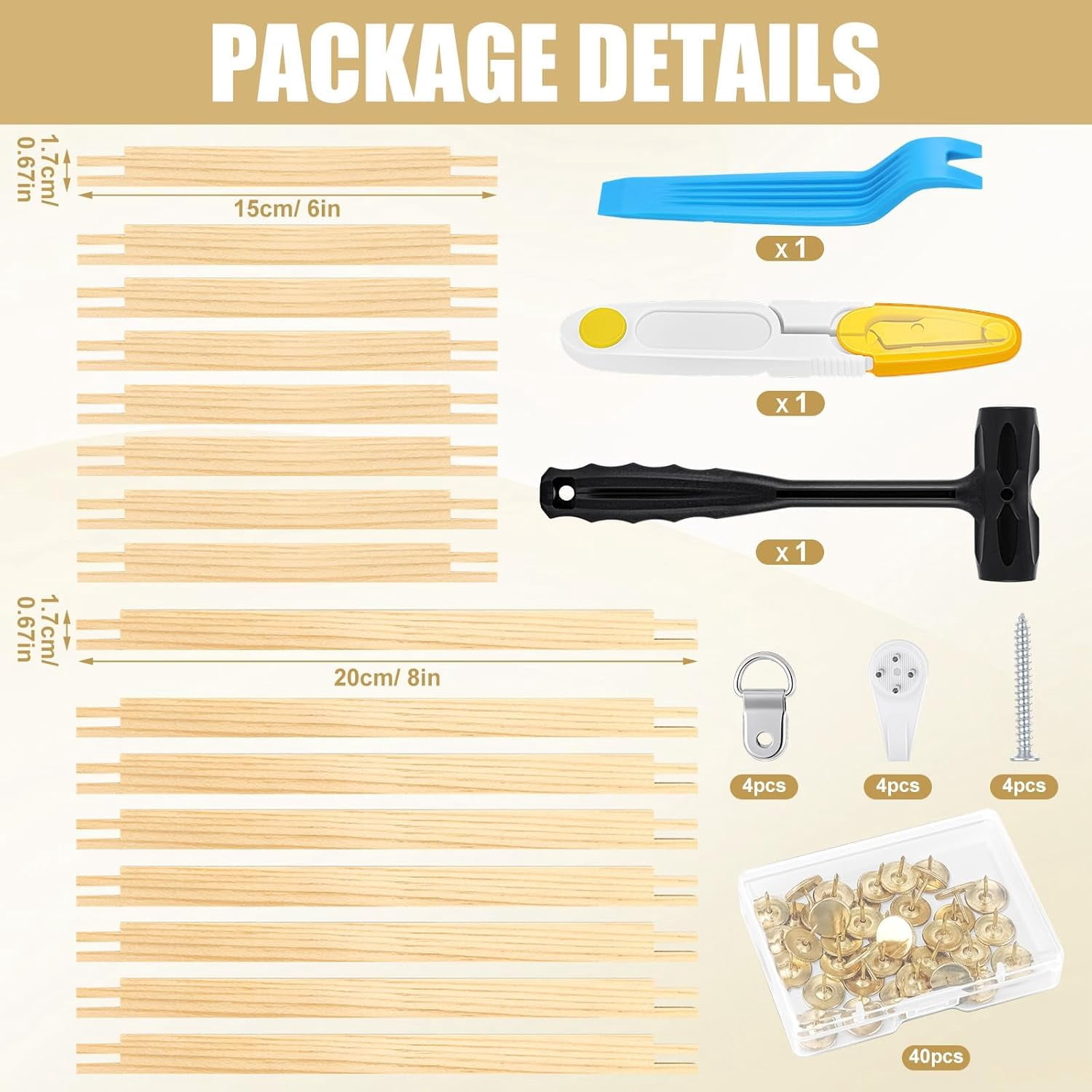 16 PCS Needlepoint Stretcher Bars 2 Sizes Stretcher Bars for Needlework Wooden Canvas Art Supplies with 40 Thumb Tacks for Needlepoint Embroidery Stitch Frame Set Bundle with Crafts