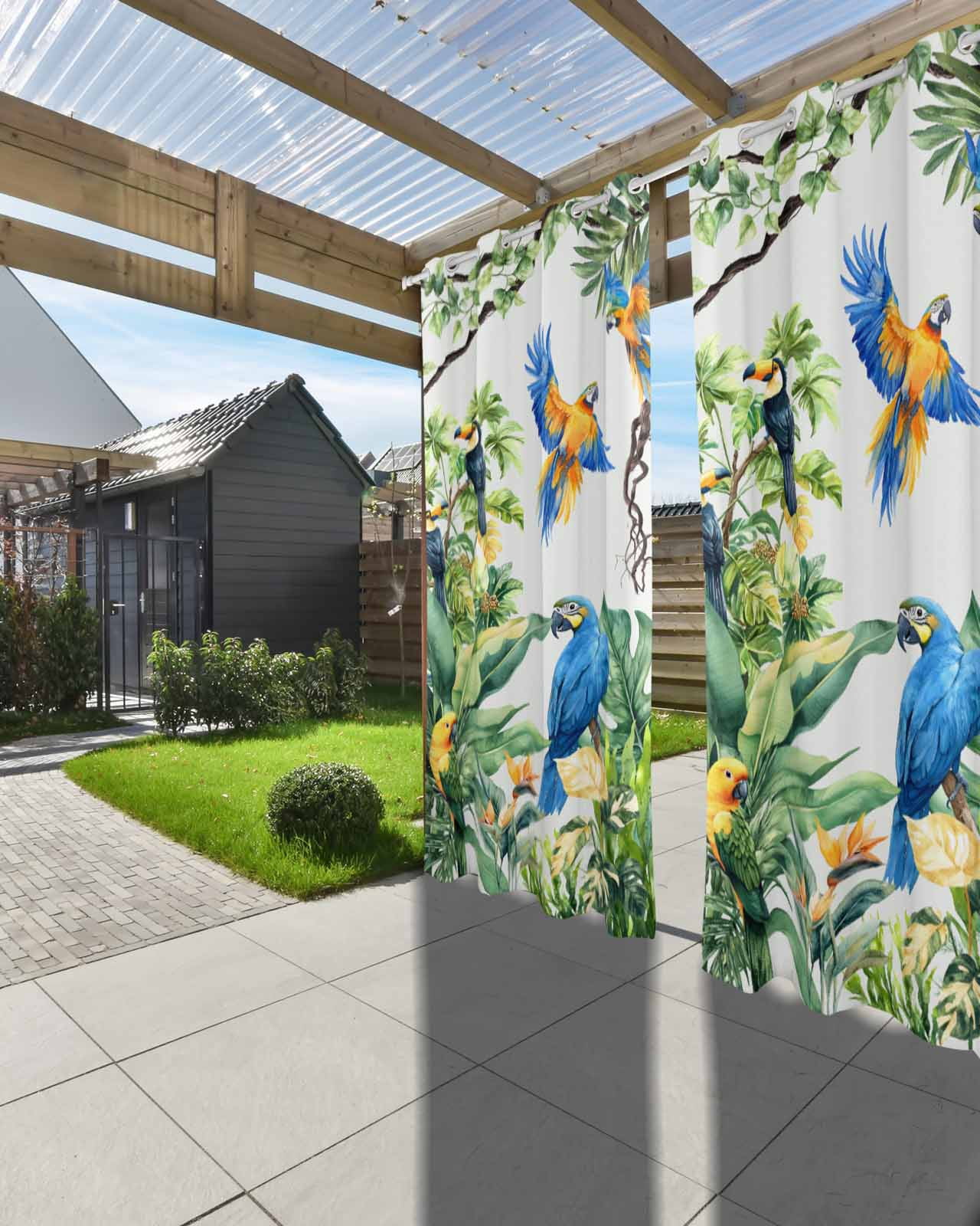 nqOlkjepod Outdoor Curtains for Patio Waterproof, Tropical Toucan Parrot Outdoor Privacy Panels Grommet, Summer Palm Leaf Watercolor Blackout Outside Curtains for Porch/Cabana 54"x84", 2 Panels