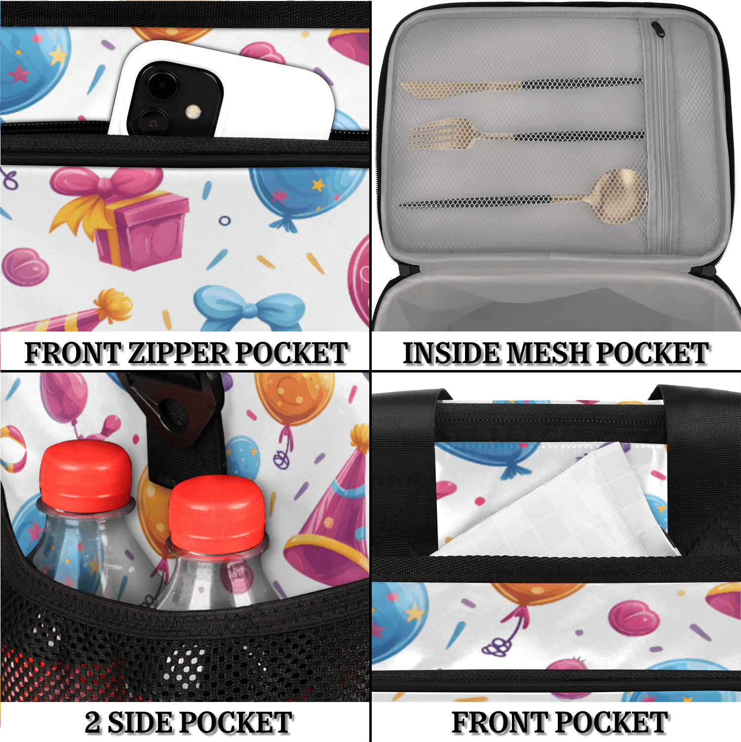 Herdesigns Happy Birthday Theme Large Lunch Box for Adults Women Men with Adjustable Shoulder Strap, Insulated Reusable Lunch Bag Leakproof Cooler Tote Bag