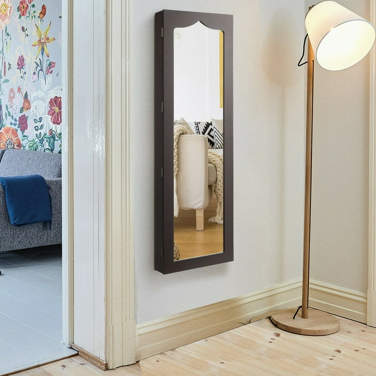 Giantex Large Jewelry Cabinet Wall Door Mounted Lockable with 5 LEDs Full Length Mirror Brown Walmart