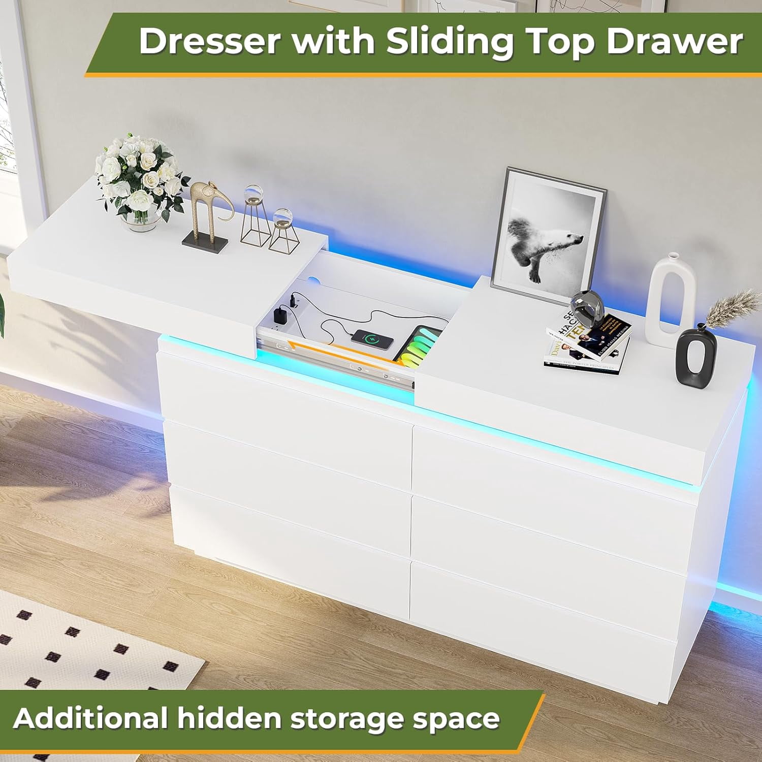 6 Drawer Dresser with Charging Station&LED Lights for Bedroom, Large Chest of Drawers Storage Cabinets with 6 Drawers, Clothes Closet Bedroom Funiture for Living Room, White
