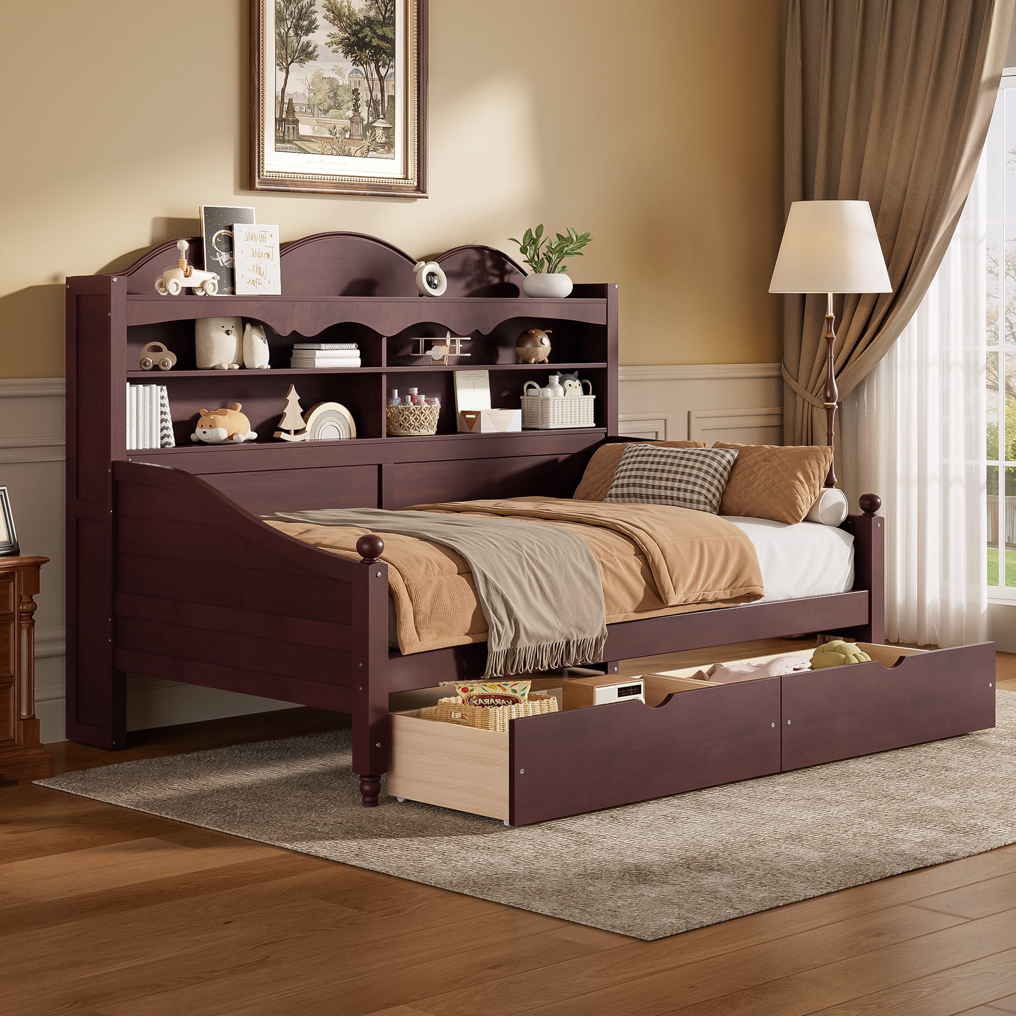 Euroco Wood Twin Size Daybed with Drawers, Captain Bed with Shelves, Espresso
