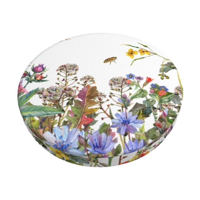 Disketp Herbs and Wildflowers Funda Redonda para Taburete, Funda de Cojín para Silla de Bar Suave y Elástica-14 inch