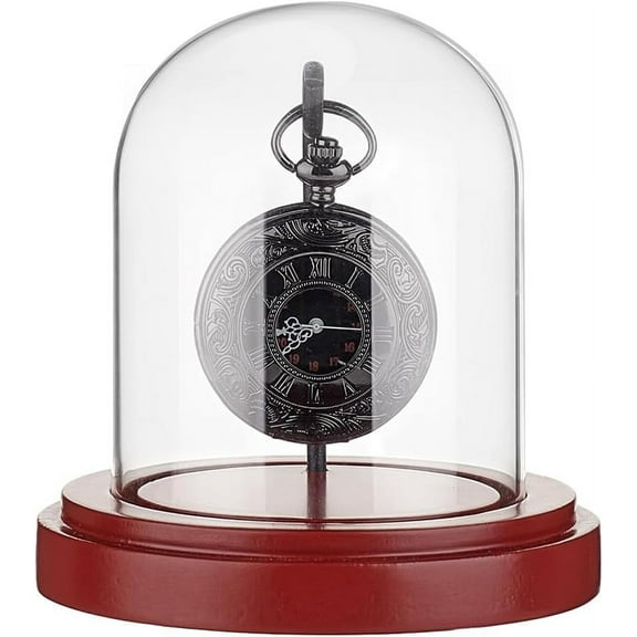 3 x 4 inch Pocket Watch Display Case Glass Watch Dome Cloche with Metal Hook Watch Display Jar with Wood Base Glass Display Dome Showcase