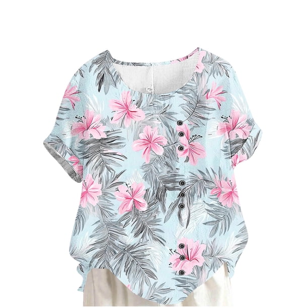 Camisas de Manga Corta para las Mujeres Casual Cuello Redondo Cómodo Regular de Lino Blusa Botón Superior Verano Manga Corta Tops para las Mujeres