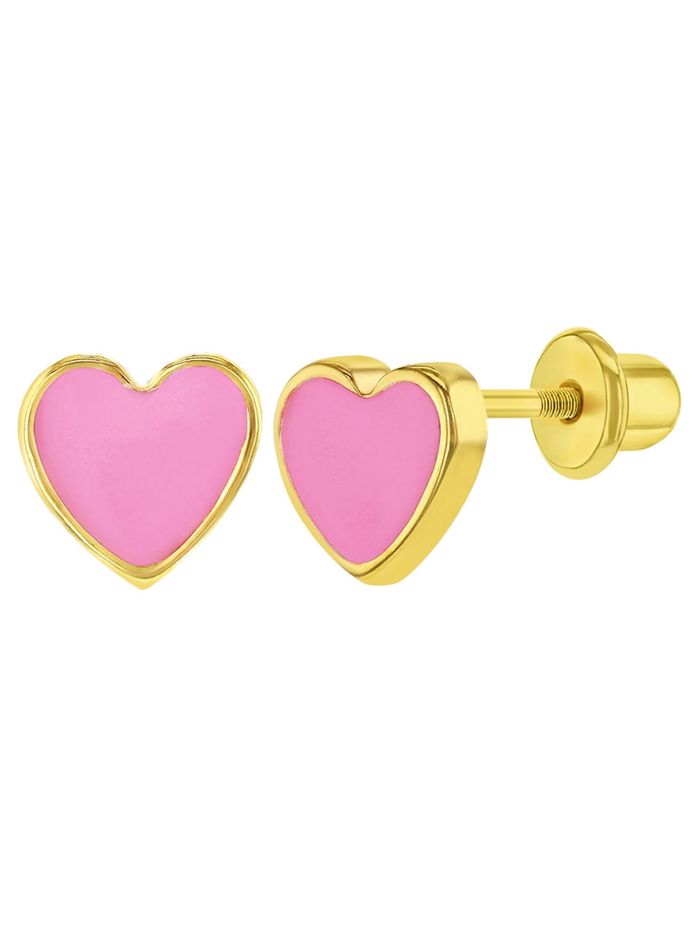 18KT Yellow Gold Pink & White enamel Heart screwback earrings 6mm 