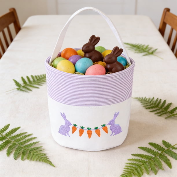 Cesta de conejo de Pascua con asa - Rosa, azul, morado, verde - Caja de huevo bordada para caramelos, detalles de fiesta y decoración - 9,6x9 pulgadas
