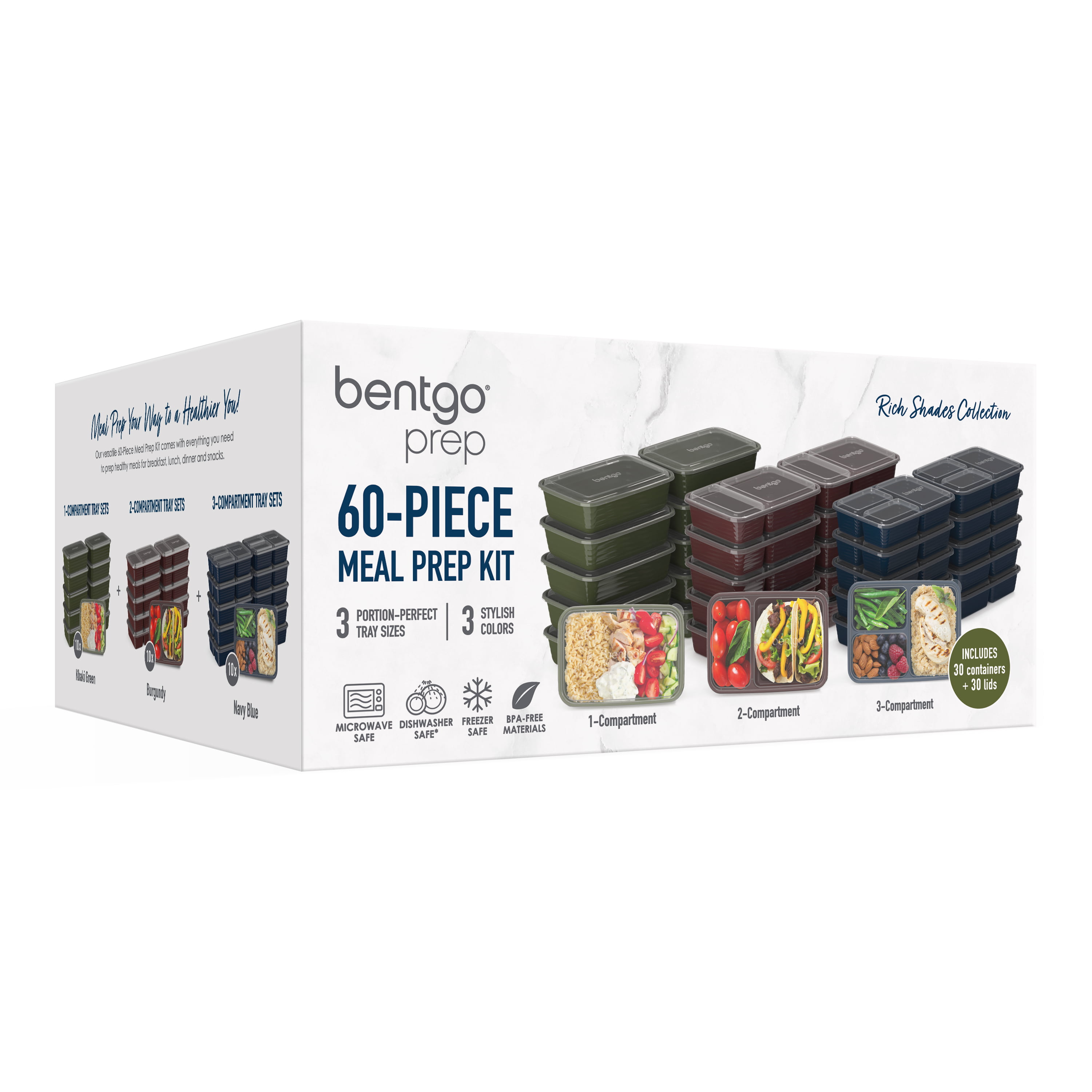 Bentgo® Prep 60-Piece Meal Prep Kit - 1, 2, & 3-Compartment Containers with  Custom Fit Lids - Microwaveable, Durable, Reusable, BPA-Free, Freezer &  Dishwasher Safe Storage Containers (Gleam Metallics) 