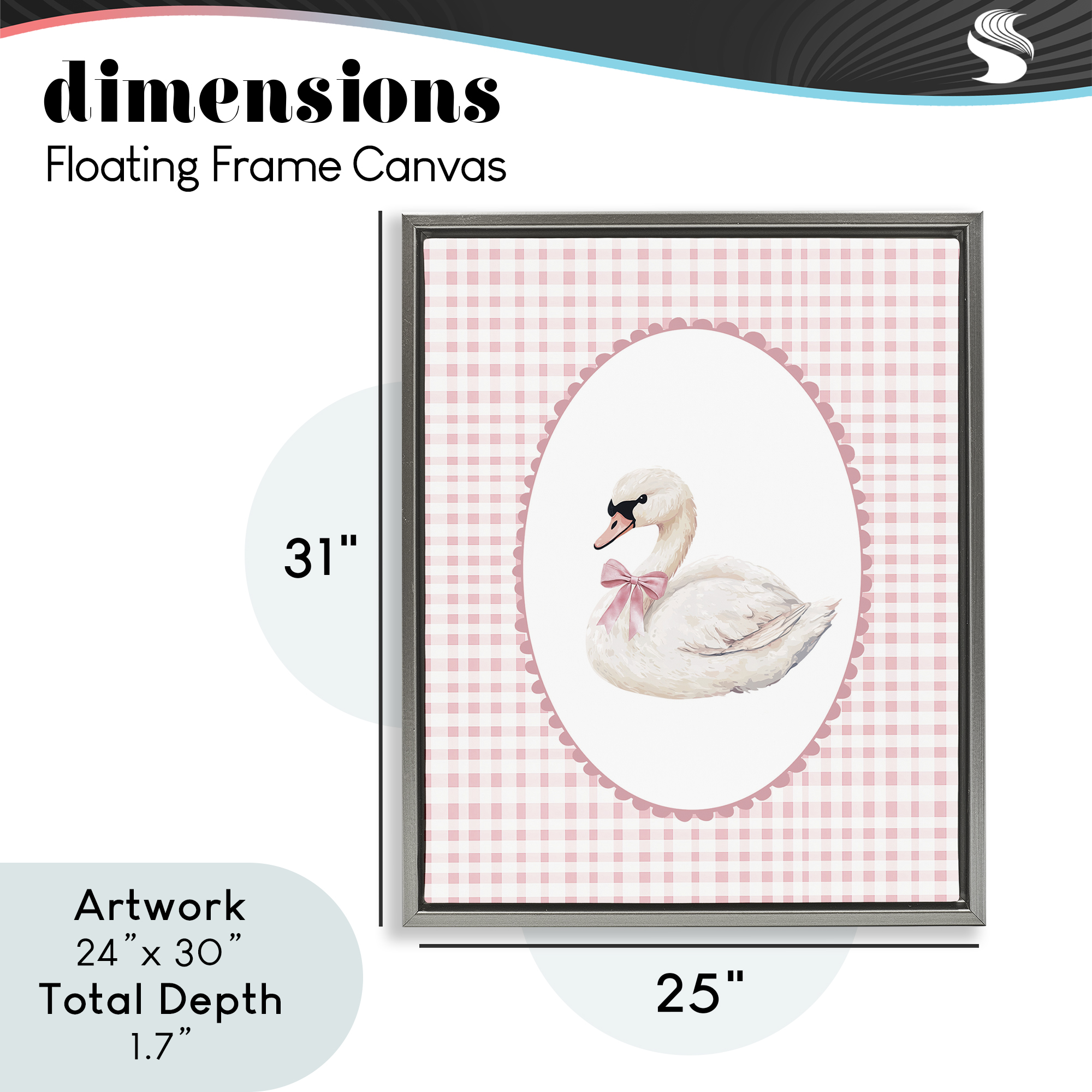 Gentle Swan on Pink Checkered Gray Framed Floater Canvas Wall Art, design by Christine Simpson Art