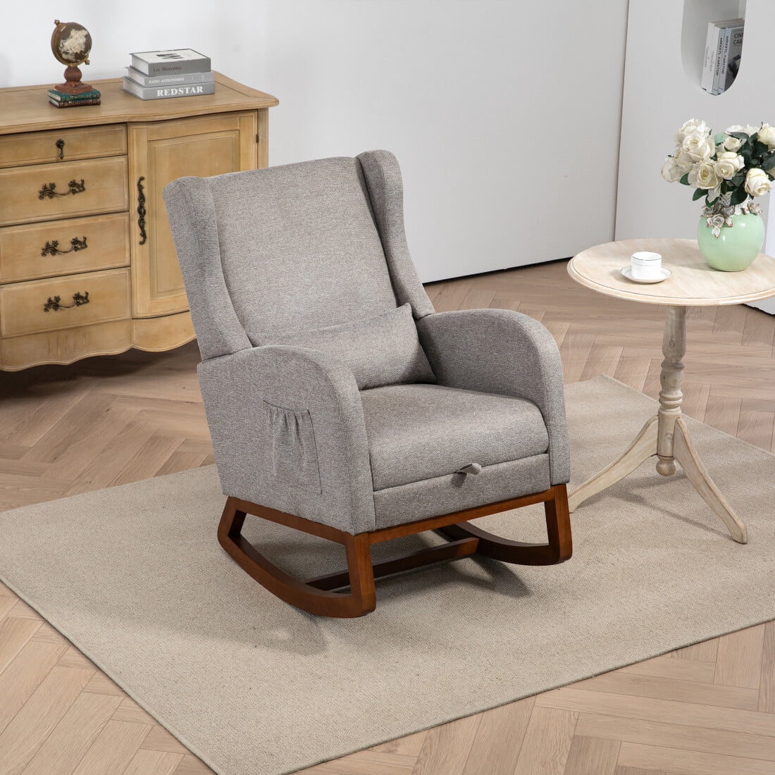 Modern Rocking Chair for Nursery, Mid-Century Design with Retractable Footrest & Side Pocket Storage, Wooden Frame Upholstered Wingback Glider for Living Room & Baby Room Use, Taupe Color