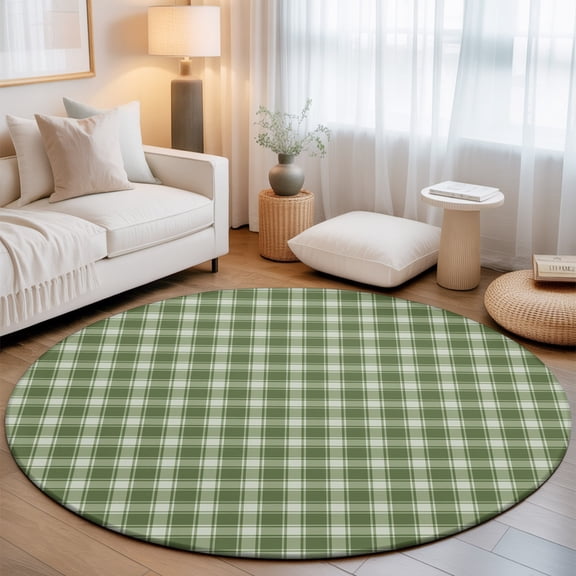 Green Plaid Round Living Room Rugs 7 ft, Country Rustic Farmhouse Classic Minimalist Checkered Washable Area Rug with Non-Slip Sturdy Edge Binding Round Carpet for Kitchen Office Bedroom