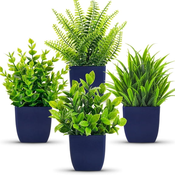 4 Pack Fake Plants Small Artificial Plants in Blue Pots Faux Plants Indoor for Home Room Bathroom Living Room Decor