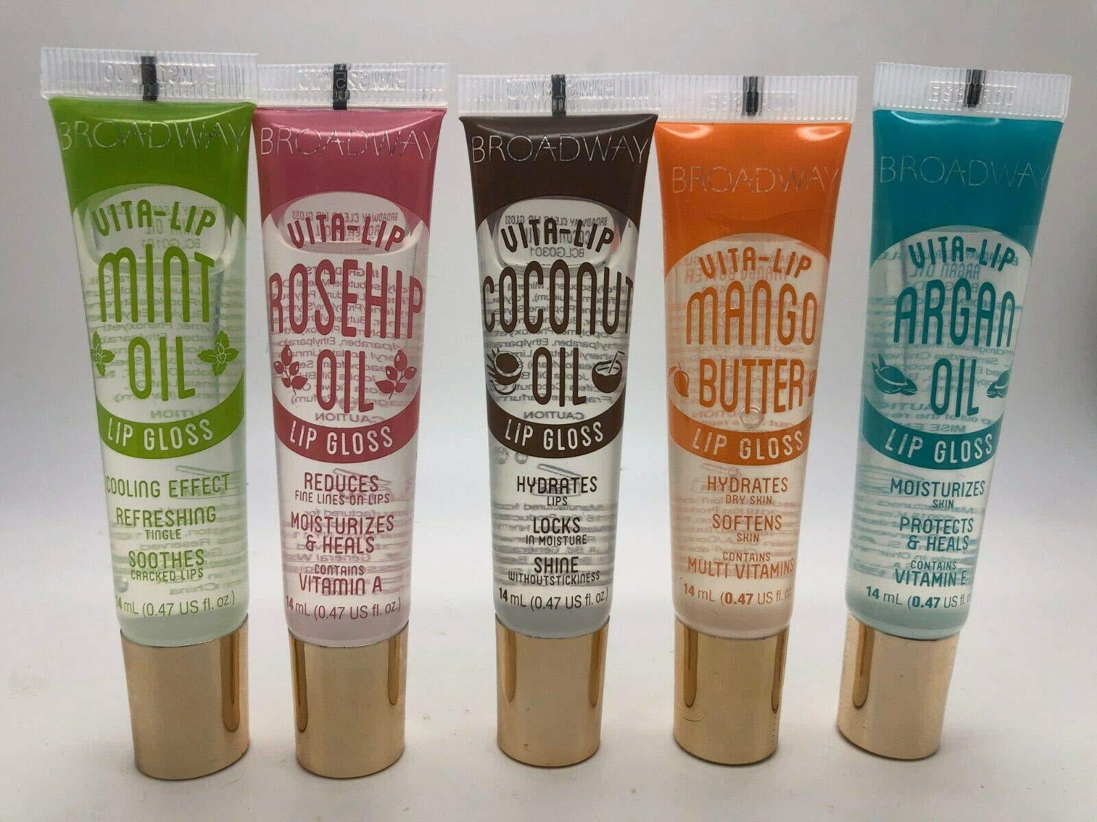 [ 5 PACK ] Broadway VitaLip Gloss. Mint Oil & Coconut Oil & Rosehip Oil & Mango Butter & Argan