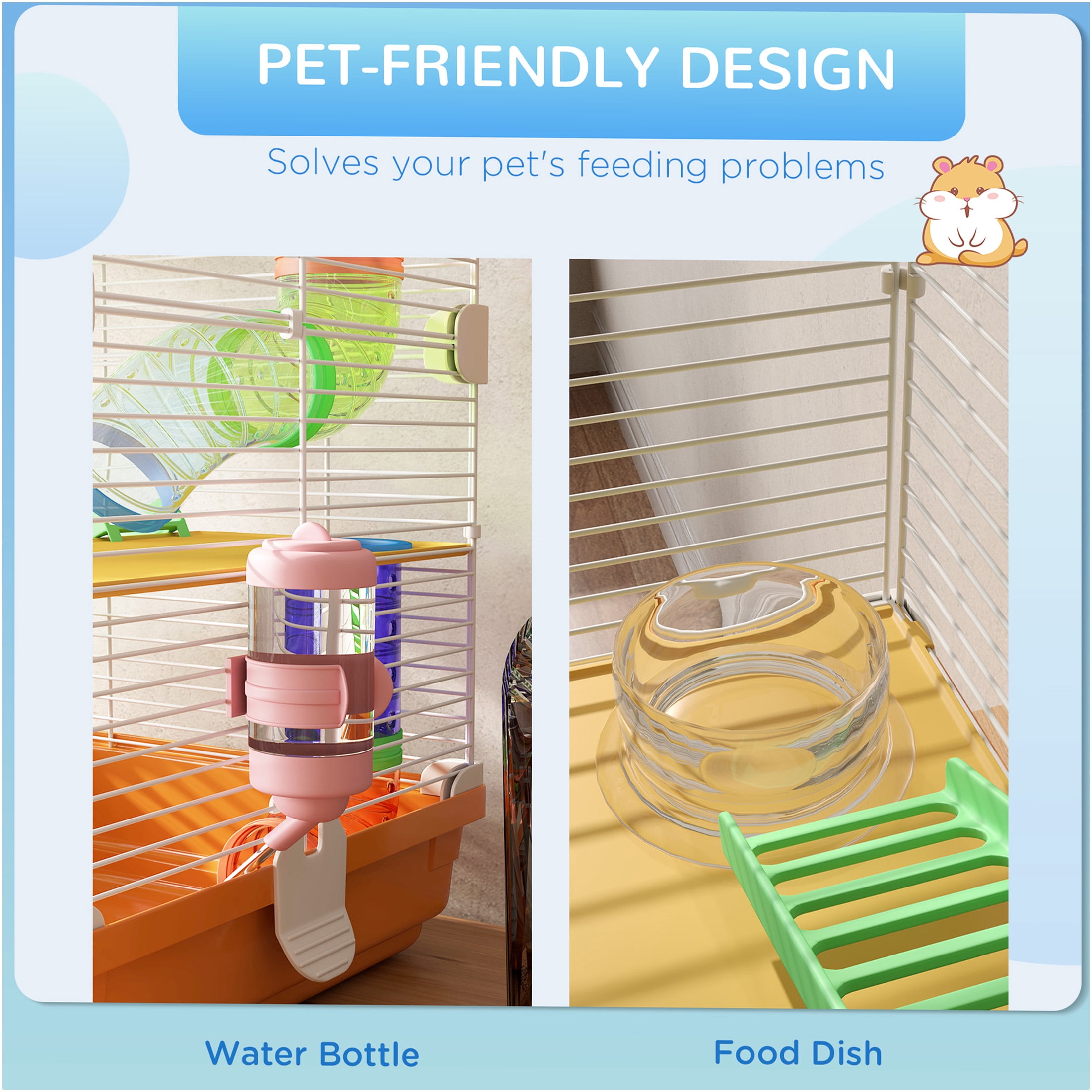 JERFIT 5-Tier Small Animal Cage with Tubes, Exercise Wheel, Water Bottle & Carry Handle, Metal Hamster Habitat for Gerbils, Orange