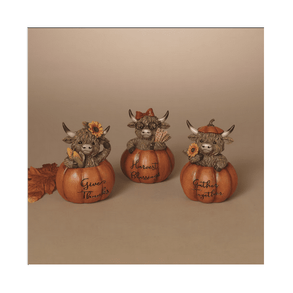 Gerson Fall Decor - Highland Cow in Pumpkins Figurines 3pc