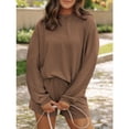 thumbnail image 4 of Women's 2 Piece Loungewear Set Long Sleeve Crew Neck Oversized Tops Drawstring Shorts, Ribbed Knit Casual Daily Wear Brown S, 4 of 5