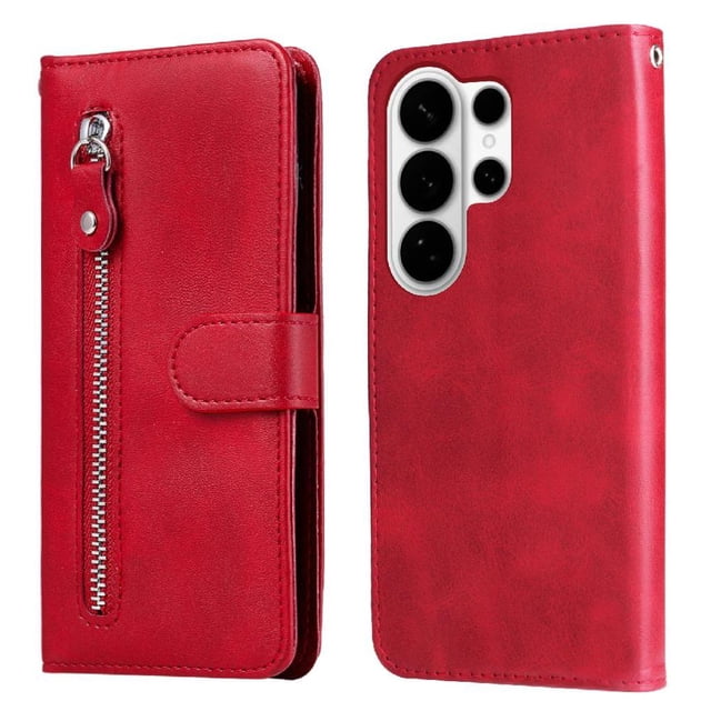 Wallet Case for Samsung Galaxy S26 Ultra with Zipper Pocket & Card Slots – Stand Function Red