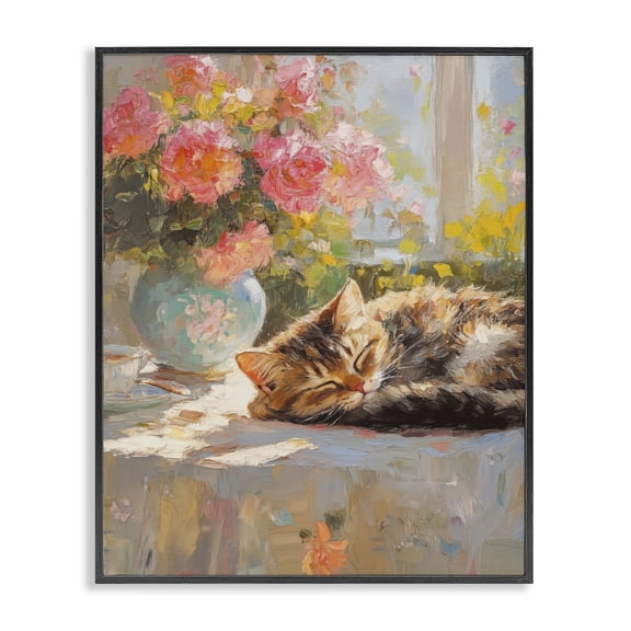 Stupell Industries Shabby Chic Sleeping Kitten & Flower Vase Black Framed Giclee Art, 11 x 14, by Nini Art