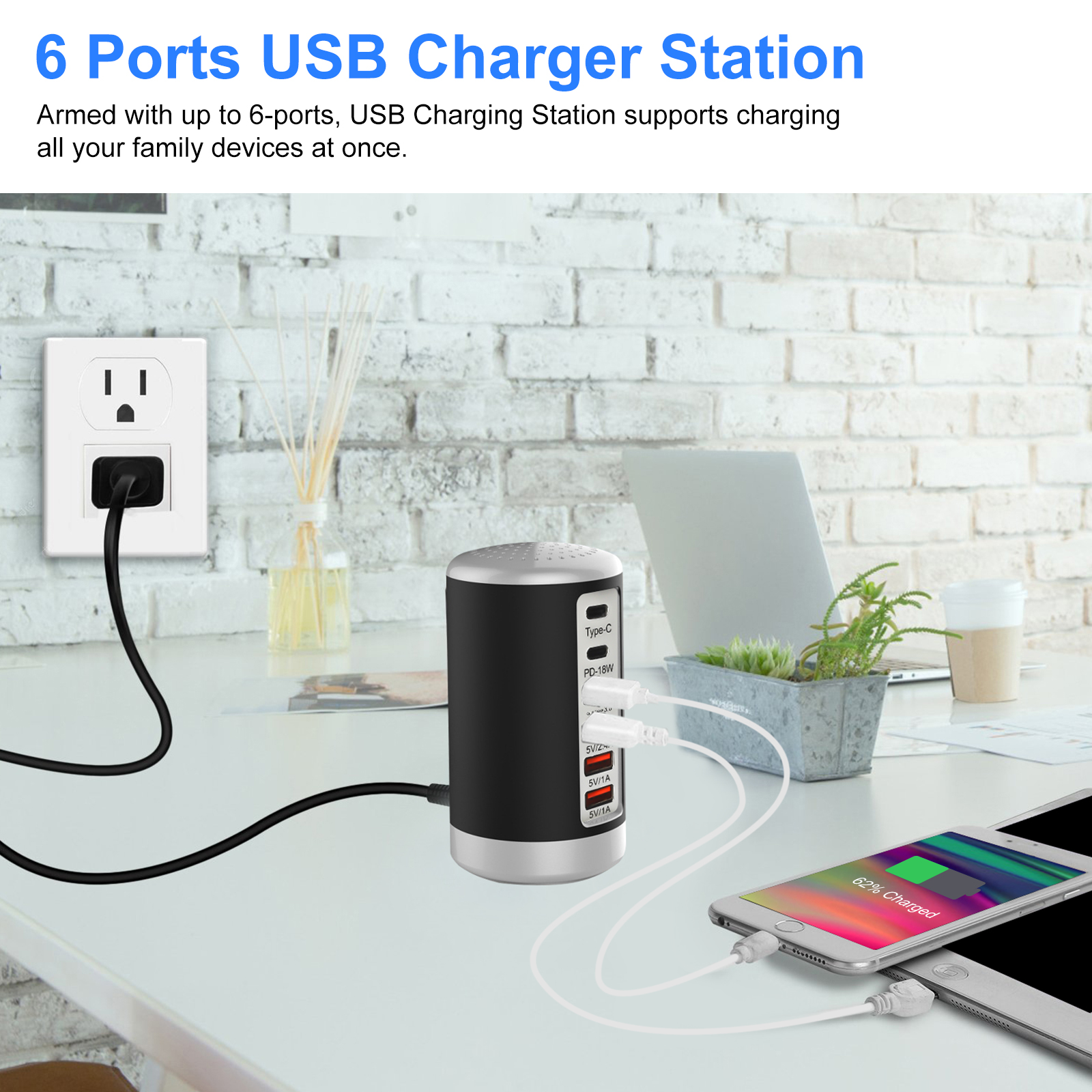 USB Charger, TSV 65W 6 Port Desktop USB Charging Station Hub Wall Charger (3 USB+Type C+QC3.0+PD 18W), Fast Charging Multi-Port Rapid Adapter Compatible with iPad, Smartphones, Tablets - image 2 of 9