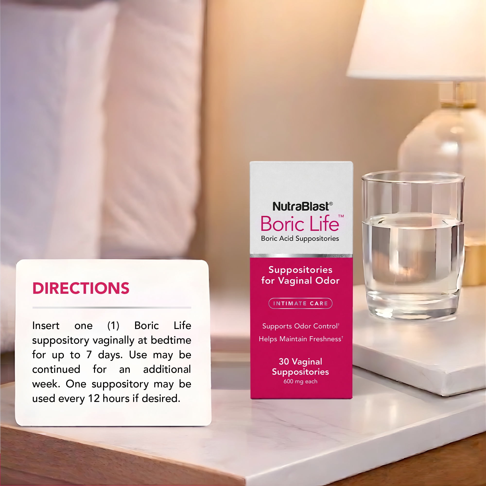 NutraBlast Boric Life Boric Acid Vaginal Suppositories 600 mg, 30 Count for Odor Control