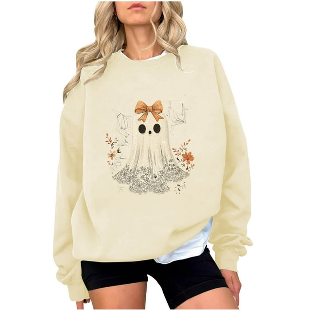 Womens Ghost Print Sweatshirt Light Warm Pullover Sweater Blouses Round Neck Tops Long Sleeve Blouse Ultra Soft Textured Athletic Sweater Spring Outfits 2025 Pullover Fall Winter Clothes