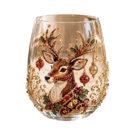 Amber Gold Stemless Wine Glass with Reindeer and Holly Crystal Label for Christmas Holiday Party Decor