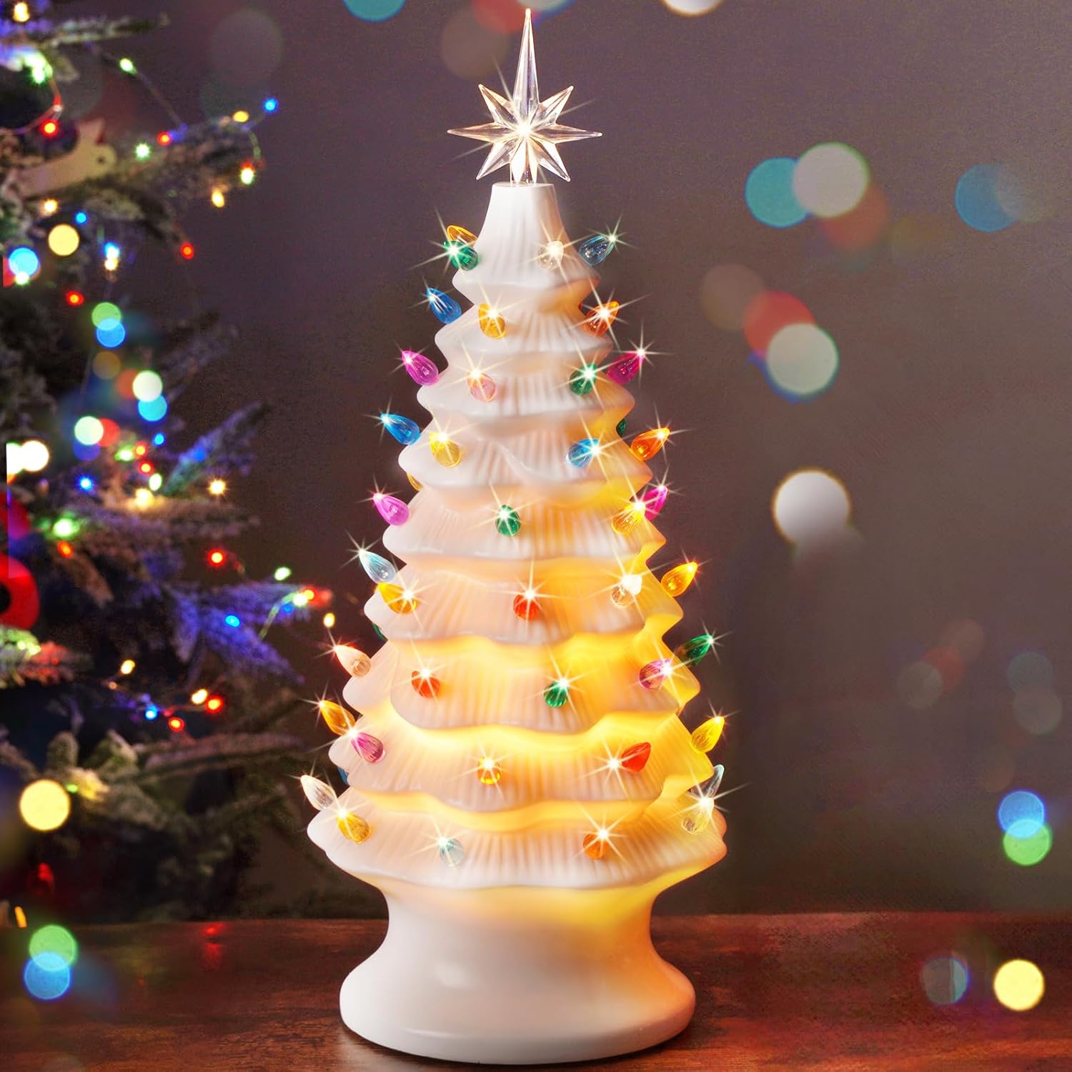 Nordic Hygge 2024 Newest 16.5" Hand Painted Resin Christmas Tree with Lights, Pre-lit Xmas Tree Decor Lighted Tabletop Decoration with Multicolored LED Bulbs, White