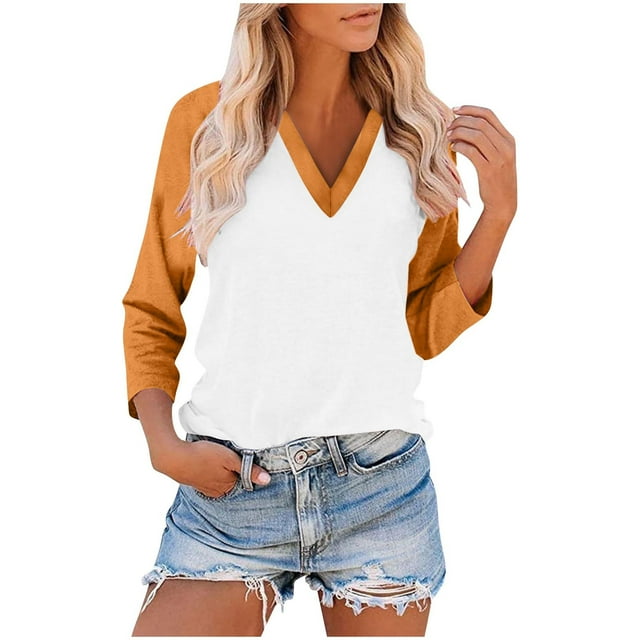T-shirt à Col en V pour Femmes, Chandails à Manches 3/4 pour Femmes Automne Grande Taille Décontracté Couleur Patchwork Manches Raglan T-Shirts Hauts Mother Gifts