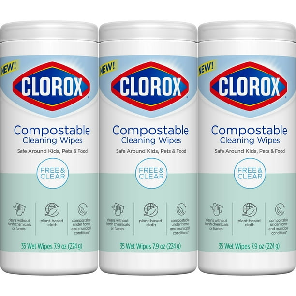 Clorox Compostable Cleaning Wipes All Purpose Wipes Unscented, Free & Clear, 35 Count Each
