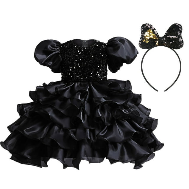 Robes de Princesse pour Fillettes Robe de Bal d'Anniversaire Manches Bouffantes Robe à Sequins en Tulle + Bandeau