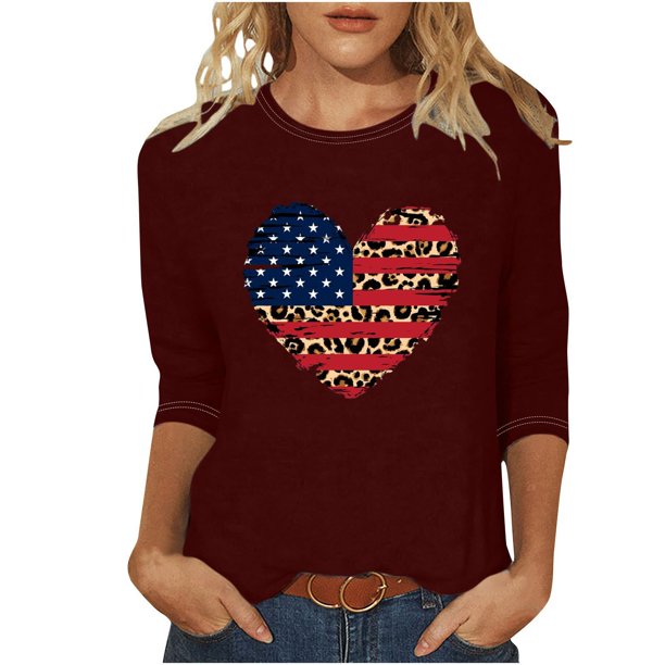 Camisetas de Manga Corta para las Mujeres Día de la Independencia Impreso Suelto Cuello Redondo Tee, Casual Y Blusas Festivas para las Mujeres Casual